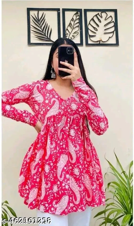 Rayon Printed Short Kurti for Women, Pink (M)