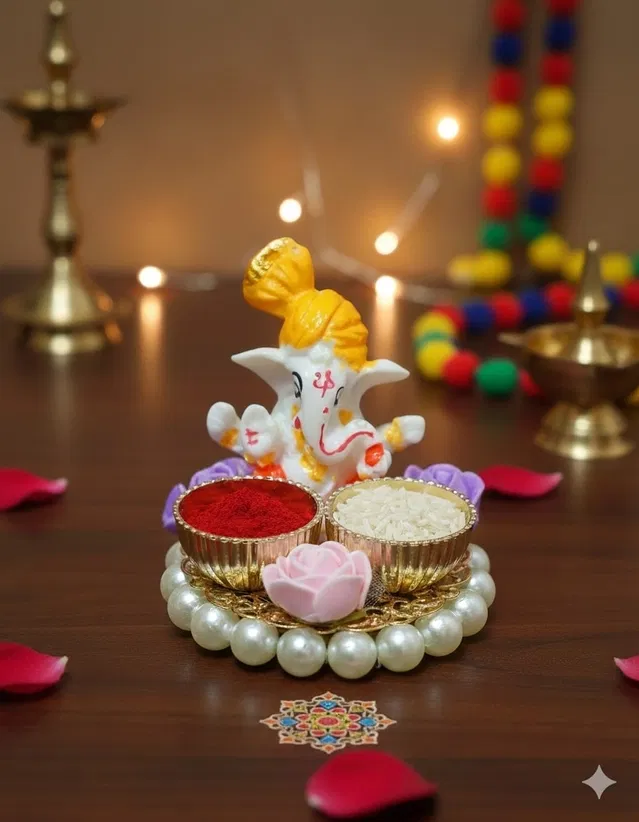Metal Decorative Ganpati Haldi Kumkum Stand with 2 Roli Chawal Holder, Multicolor