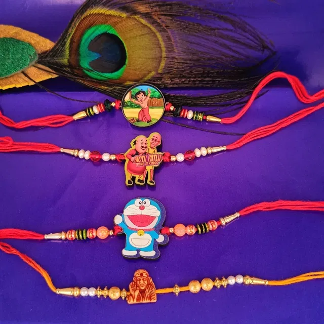 Wood Cartoon Rakhi for Kids (Multicolor, Pack of 4)