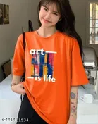 Cotton Blend Printed T-shirt for Women, Orange 