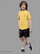 Solid Cotton Blend Mandarin Collar Short Sleeve Shirt for Boys 