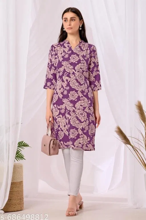 Floral Print Kurta for Women (Purple, M)
