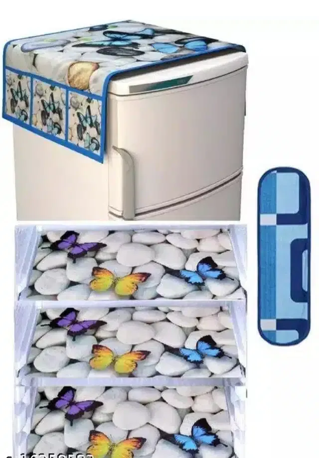 Knit Printed Fridge 3 Pcs Mat with Top & Handle Cover (Multicolor, Set of 1)