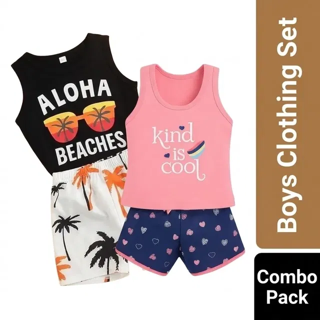Cotton Blend Printed Clothing Set for Boys, Combo Pack of 2, Black & Peach & Blue, 5-6 Years