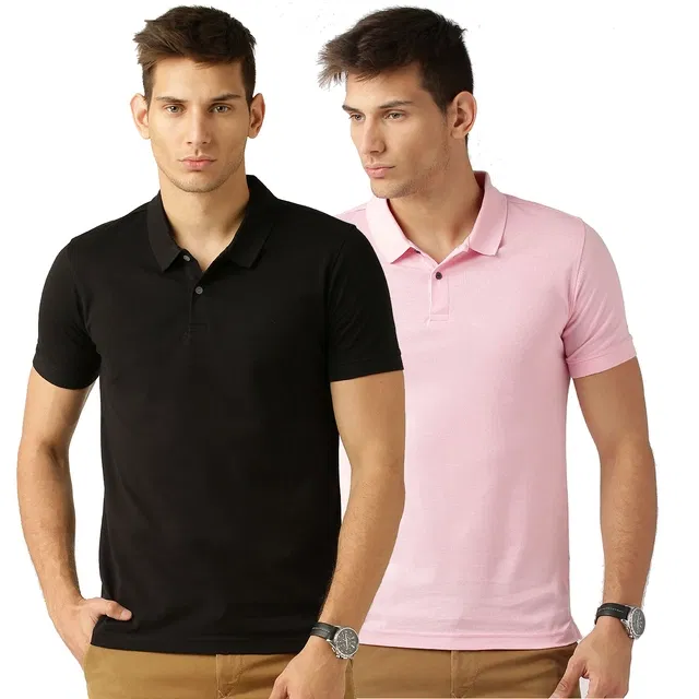 Polo Neck Solid Pack of 2 T-shirts for Men (Multicolor, L)