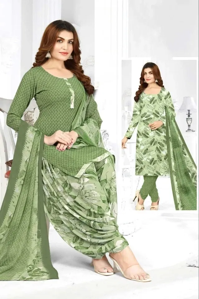 Crepe Floral Punjabi Suits for Women (Green, Green)