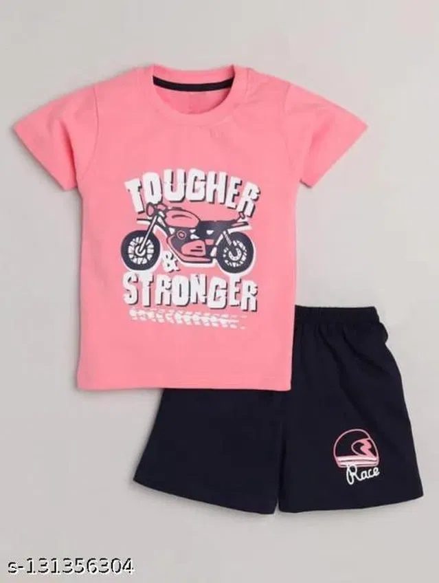 Hosiery Cotton Clothing Set for Kids (Pink & Navy Blue, 2-3 Years)