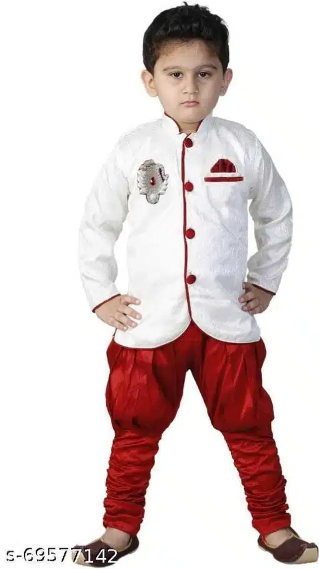 Sherwani Set for Boys (White & Red, 6-7 Years)