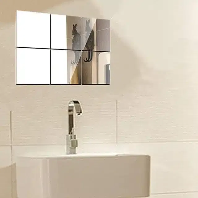 Acrylic Square Shaped Wall Mirror Stickers (Silver, Pack of 6)