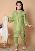 Solid Rayon Kurta Set with Lace for Girls 