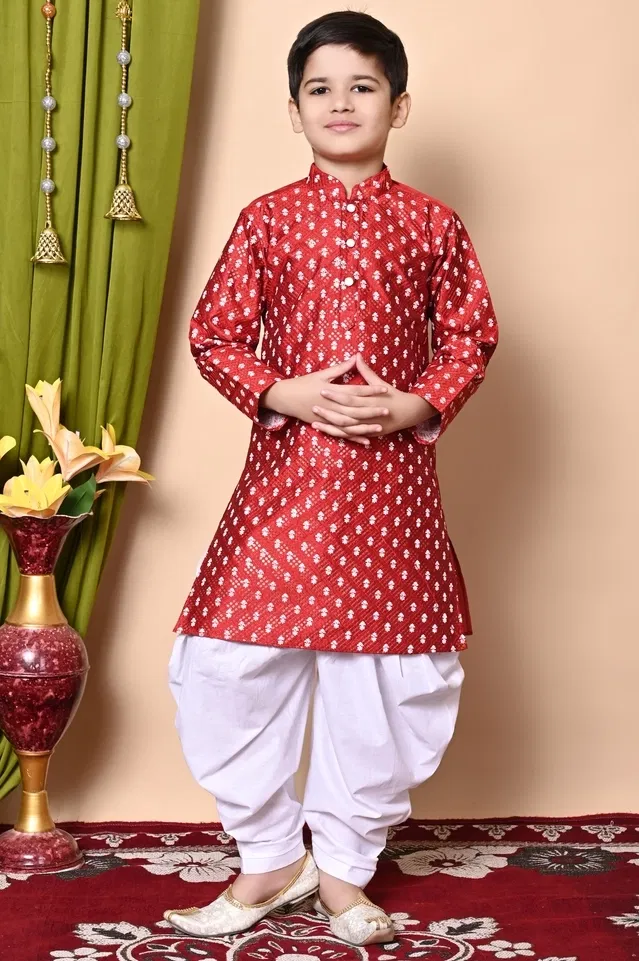 Dupion Silk Printed Kurta with Dhoti for Boys, Maroon & White (6-7 Years)
