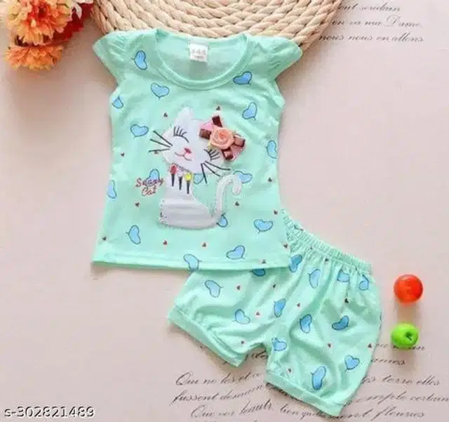 Hosiery Cotton Half Sleeves Top & Bottom Clothing Set for Girls (Sea Green, 0-1 Years)