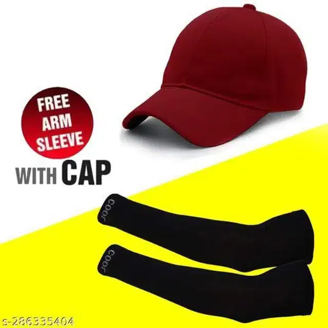 Cotton Arm Sleeves & Cap for Men & Women (Black & Maroon, Set of 2)