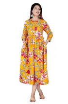 Rayon Printed Anarkali Kurti for Women (Yellow, S)