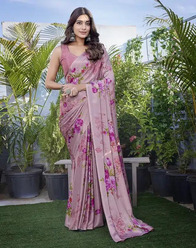 Chiffon Printed Saree for Women (Pink, 6 m)