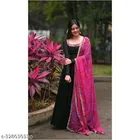 Georgette Solid Gown with Dupatta for Women (Black & Pink, S)