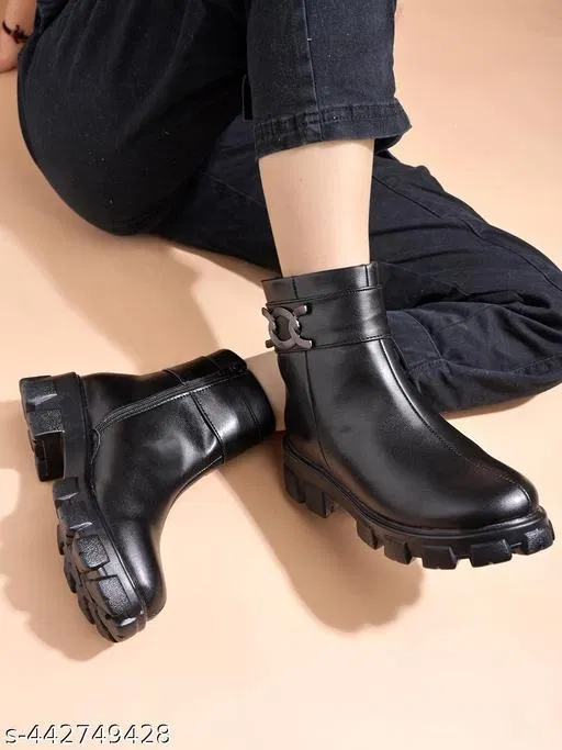 Shoetopia Solid Block Heel Boots Black (IND-8)