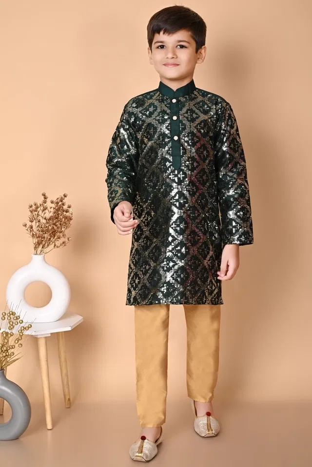 Dupion Silk Embellished Kurta with Payjama for Boys, Bottle Green & Beige (3-4 Years)