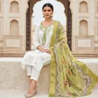 Cotton Silk Embellished Unstitched Suits Fabric for Women, White & Green