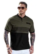 Mandarin Neck Striped Cotton T-shirt for Men 