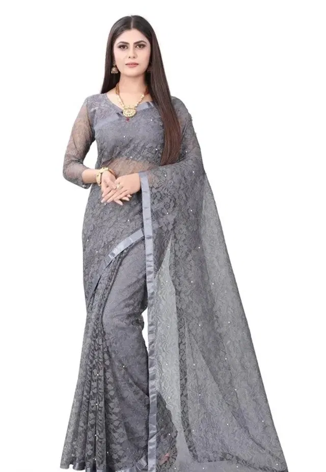 Net Solid Saree for Women (Grey, 6.3 m)