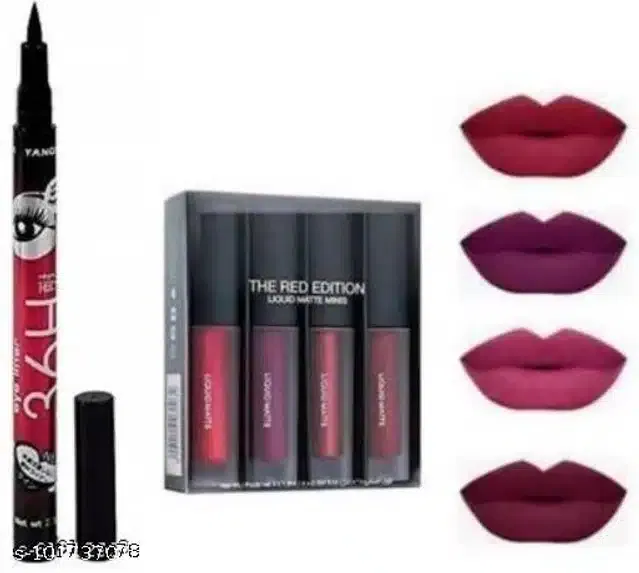 Liquid Matte Lipsticks (4 Pcs) with 36H Eye Liner (Multicolor, Set of 2)