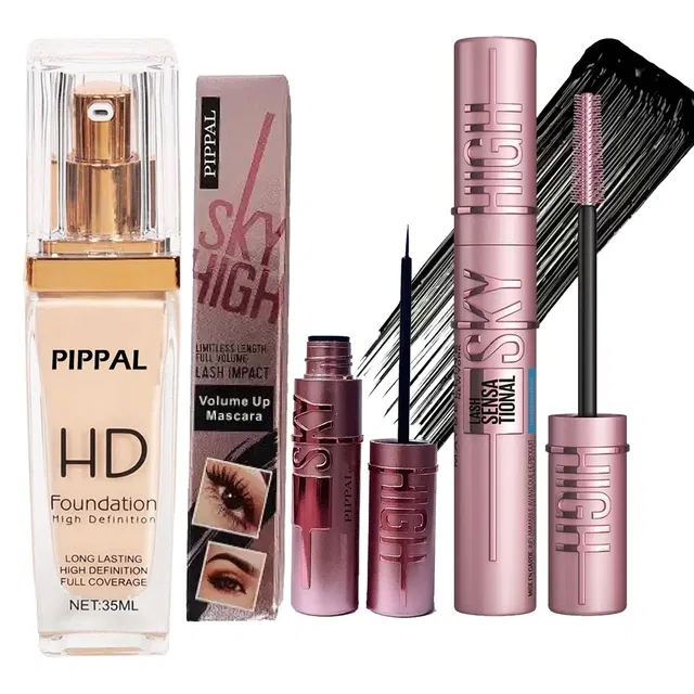 Pippal HD Foundation (35 ml) with Mascara (12 ml) & Eyeliner (6 ml) (Set of 3)
