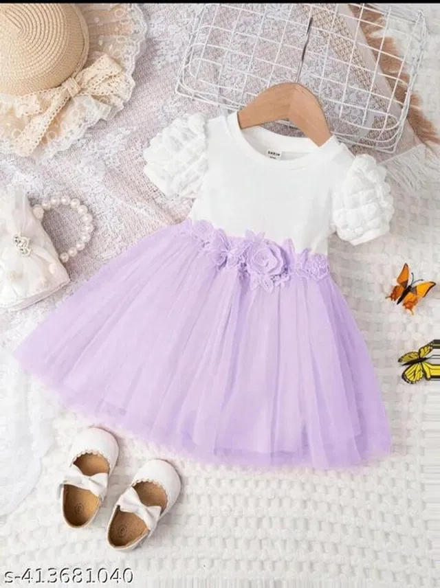 Net Frock for Girls (White & Lavender, 18-24 Months)