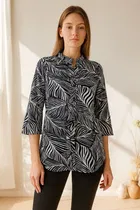 Women's Tropical Print Regular Sleeve Mandarin Collar Top, L 