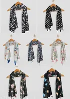 Printed Chiffon Scarves with Tassels for Women, Multicolor, Pack of 7