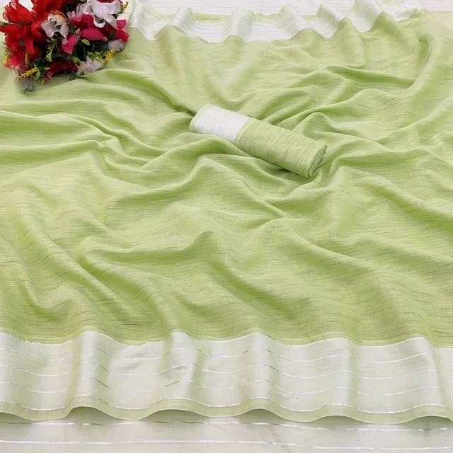 Cotton Blend Striped Saree for Women (Mint Green, 6.3 m)
