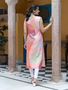 Floral Printed V-Neck Sleeveless Straight Kurta 