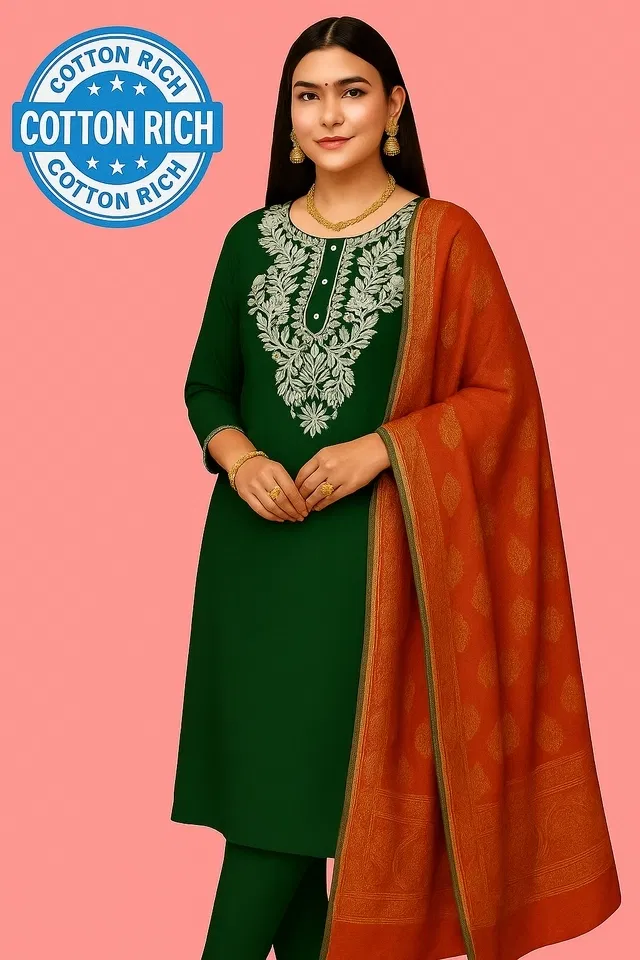 Cotton Embroidered Kurti for Women (Green, L)