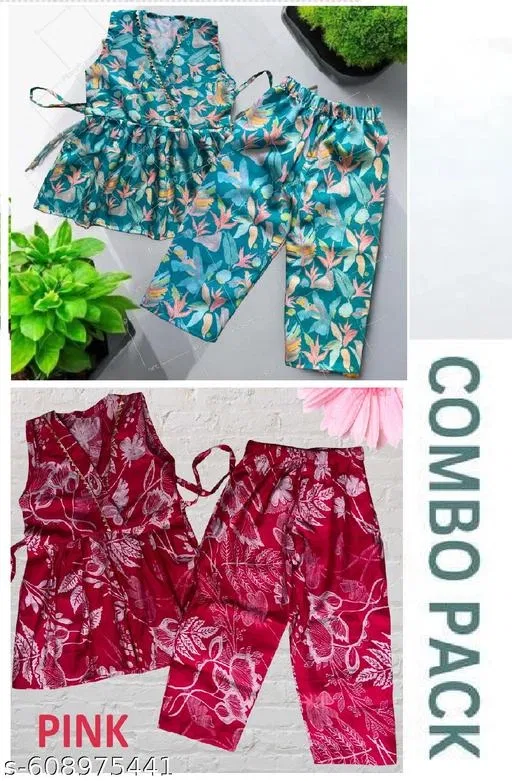 Rayon Slub Printed Clothing Set for Girls, Green & Maroon , Pack of 2 (8-9 Years)