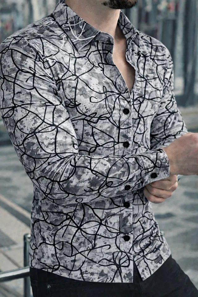Lycra Geometric Print Shirt for Men, Grey (XL)