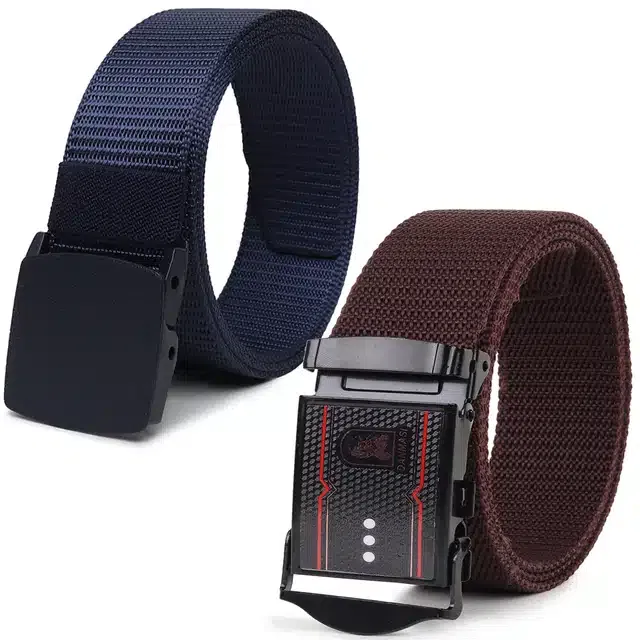 Casual Nylon Belts for Men (Blue & Brown, Pack of 2)