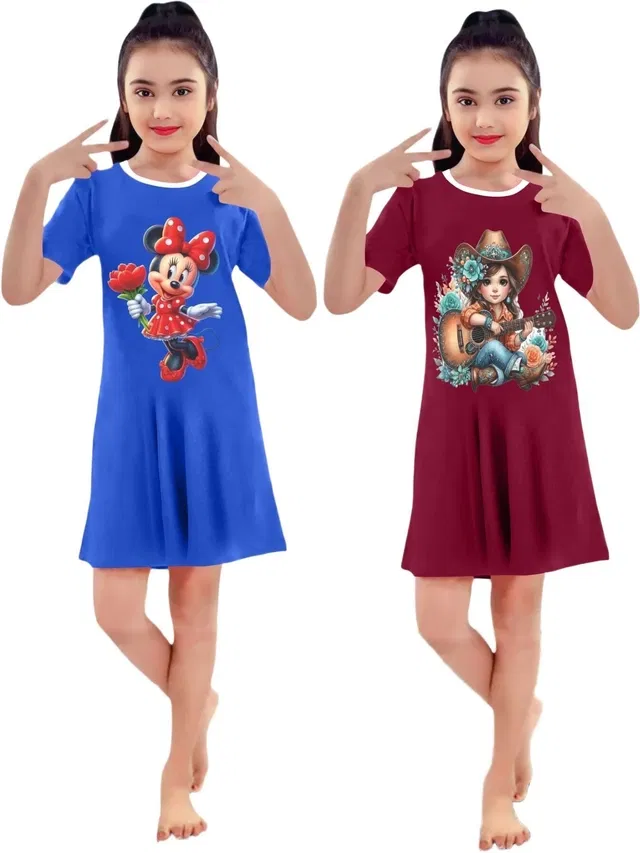 Graphic Print Cotton Blend Shift Dress for Girls, Pack of 2 (Blu & Mrn, 5-6 Y)