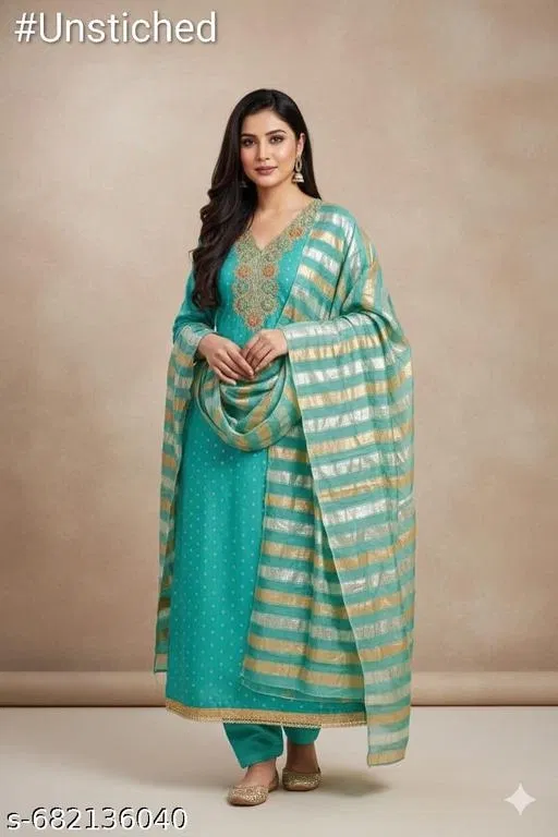 Silk Blend Embroidered Punjabi Suits for Women (Multicolor, 5.85 meter (S)