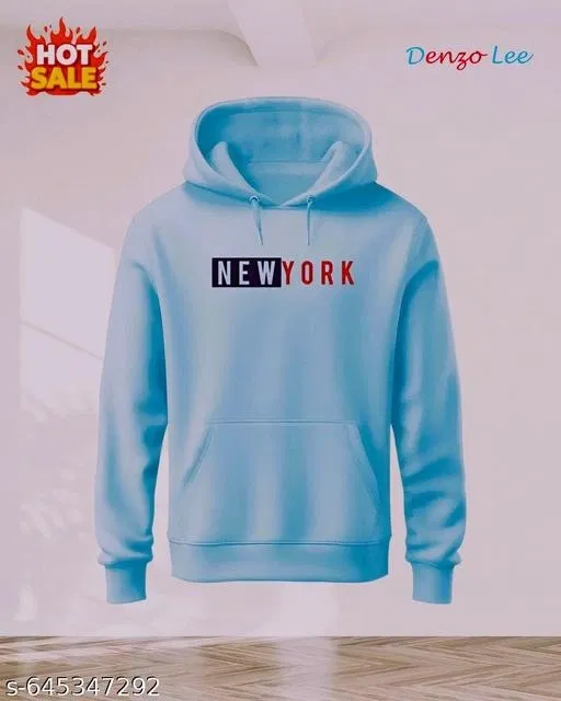 Fleece Printed Hoodie for Men, Aqua Blue (XL)