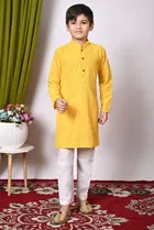 Rayon Cotton Embellished Kurta with Payjama for Boys, Yellow & White 
