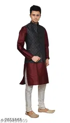 Dupion Silk Solid Kurta with Pyjama & Jacket for Men 