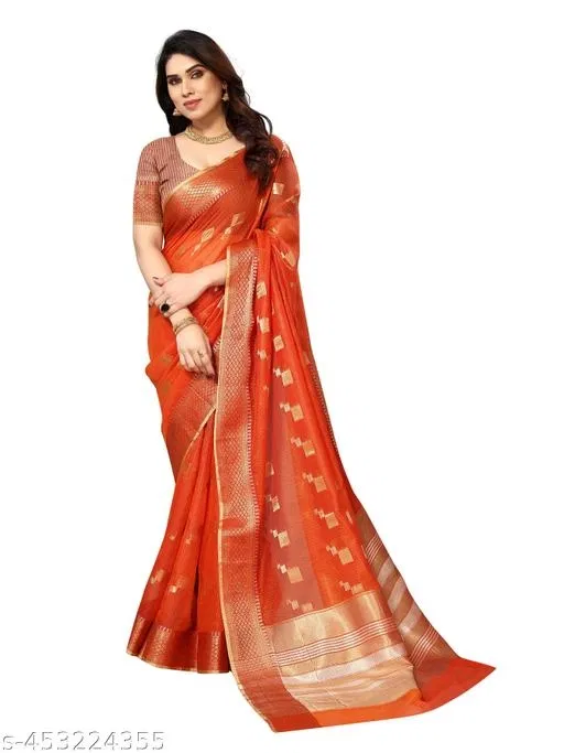 Kota Doria Cotton Manipuri Jacquard Boarder Saree for Women (Orange)