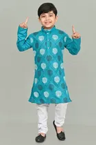 Cotton Printed Kurta with Payjama for Boys, Teal & White 
