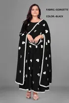 Georgette Ethnic Motif Gown with Dupatta for Women (Black & White, XXXL)