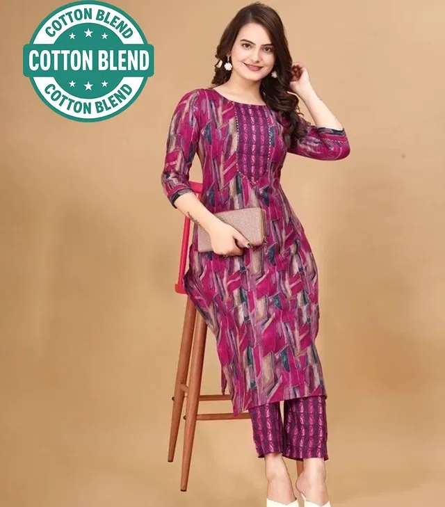 Cotton Printed Women's Kurta with Pant Set (Pink, S)
