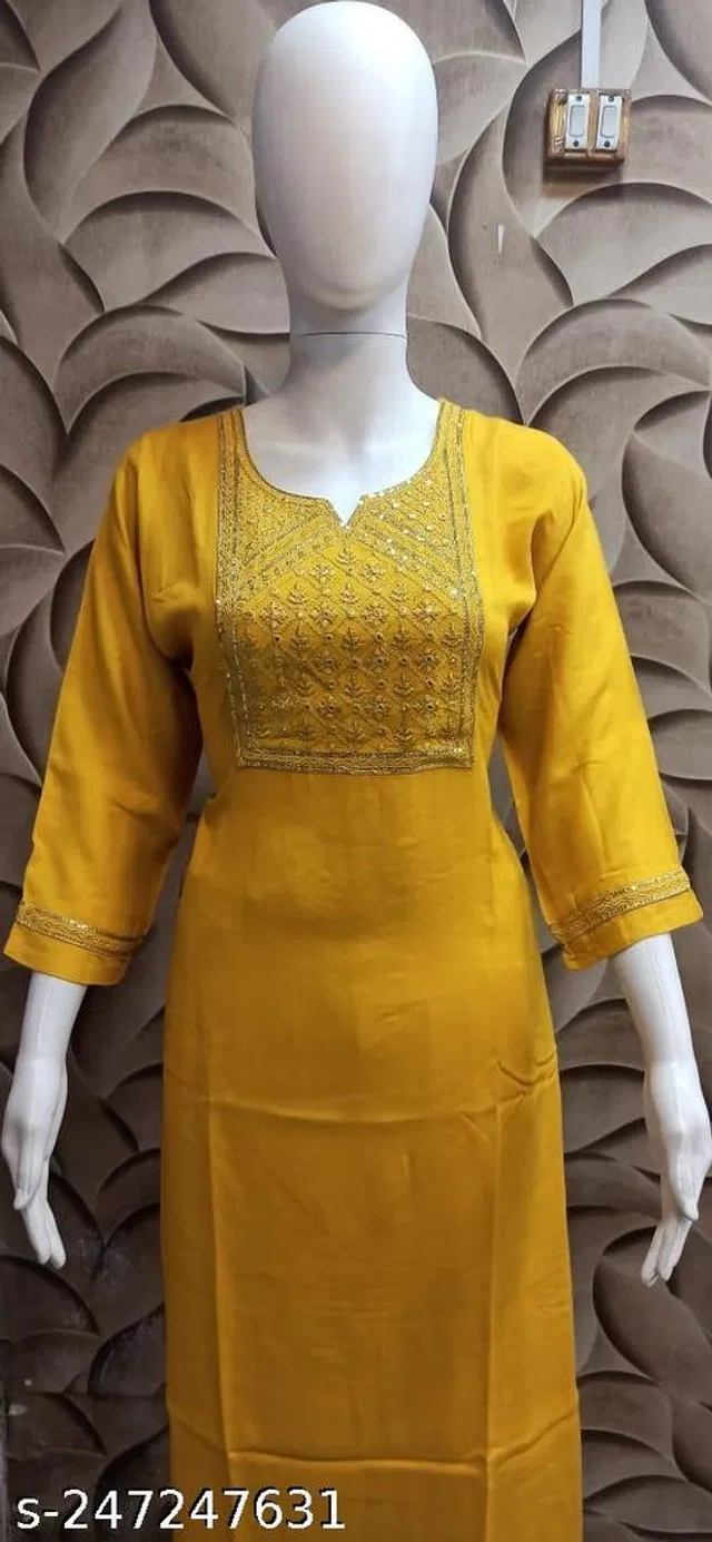 Rayon Slub Embroidered Kurti for Women (Yellow, 5XL)