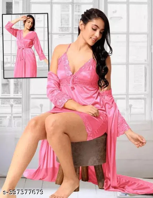 Satin Nightdress Set for Women (Pink, M)