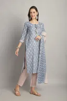 Cotton Printed Kurti with Bottom & Dupatta Set for Women 
