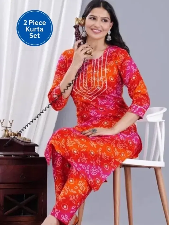 Rayon Floral Print Women's Kurta with Pant Set (Multicolor, XL)
