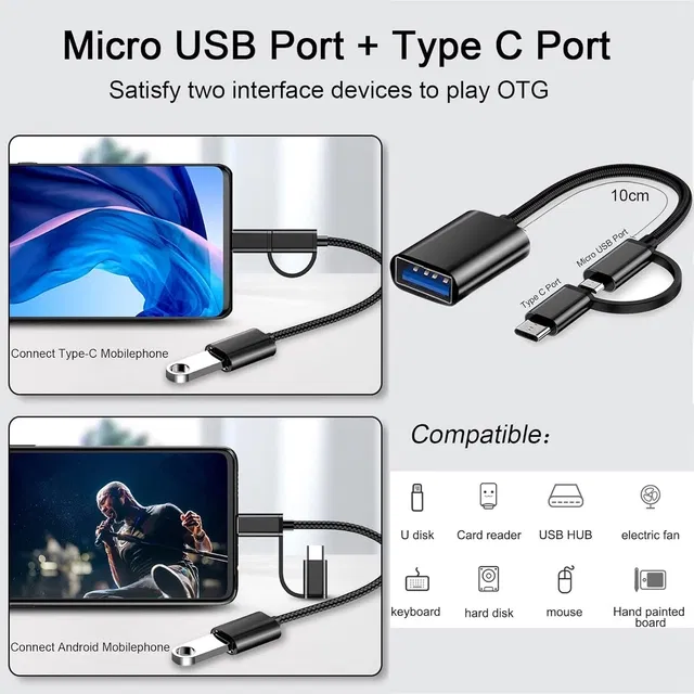 Type-C 3 in 1 USB OTG Cable , Black,Pack Of 1